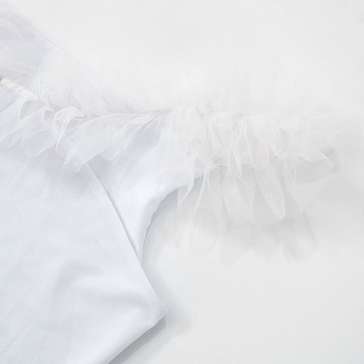 White mesh slit ruffle off shoulder top  | Festival Outfits Women