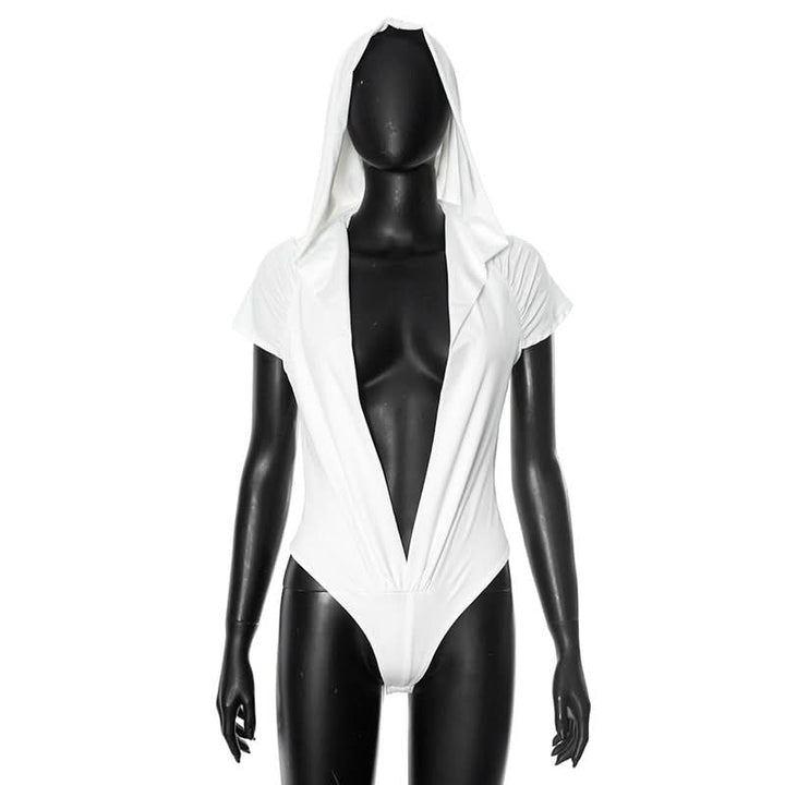 Hoodie short sleeve button deep v neck bodysuit  | Festival Outfits Women-final-sale