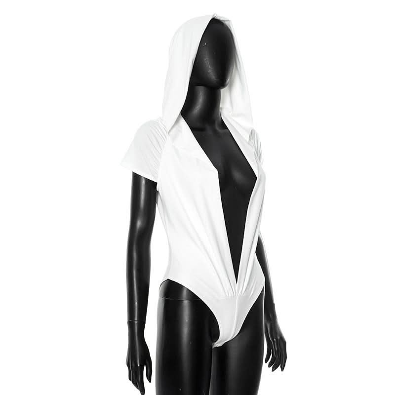 Hoodie short sleeve button deep v neck bodysuit  | Festival Outfits Women-final-sale