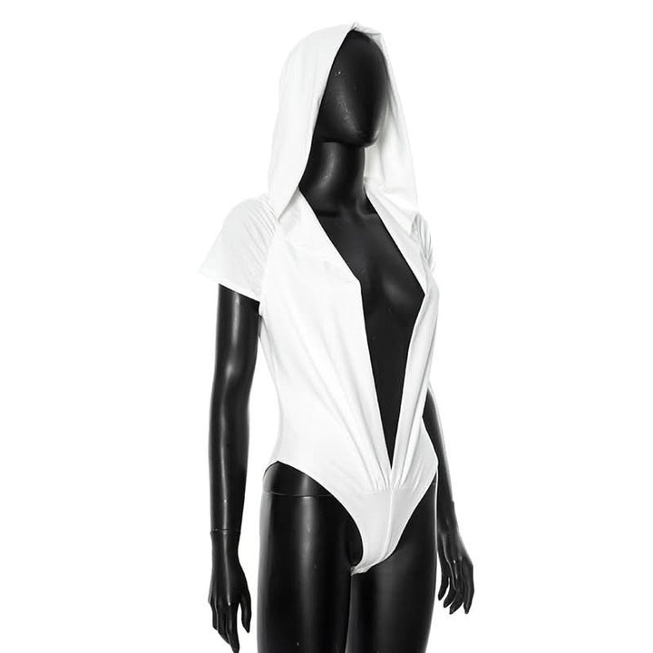 Hoodie short sleeve button deep v neck bodysuit  | Festival Outfits Women-final-sale