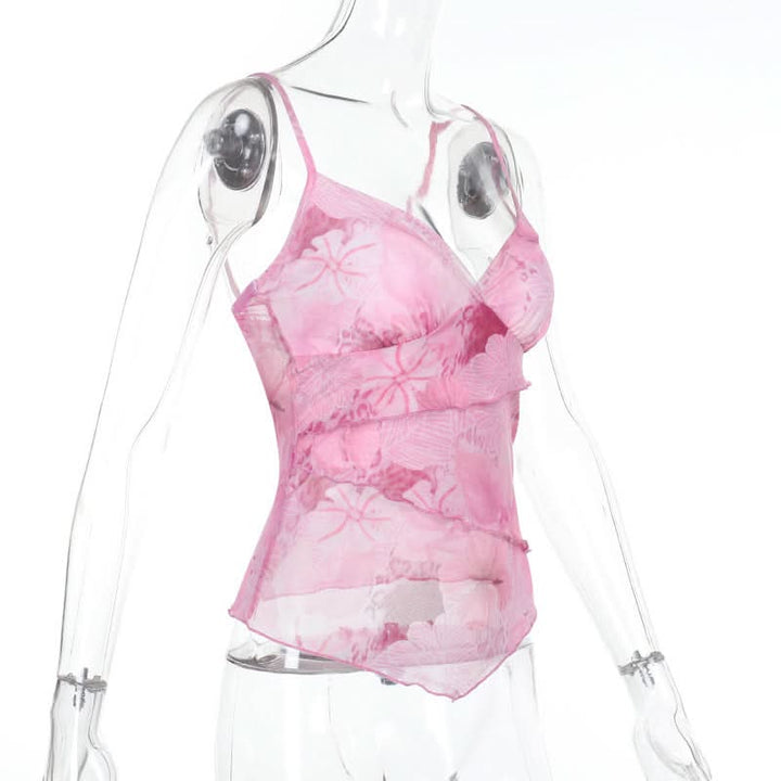 Mesh v neck flower print ruffle cami top  | Festival Outfits Women