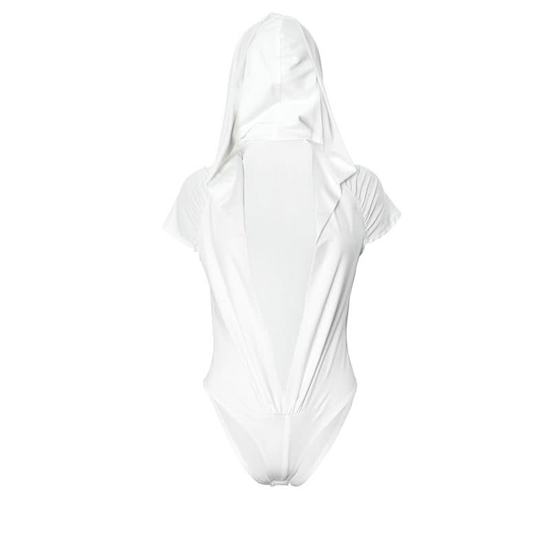 Hoodie short sleeve button deep v neck bodysuit  | Festival Outfits Women-final-sale