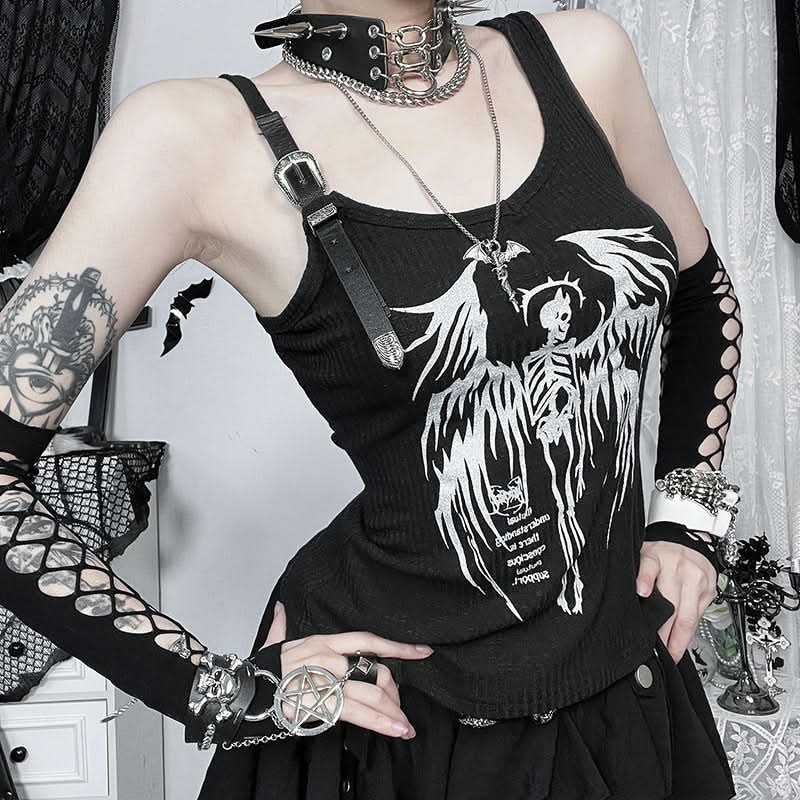 Buckle u neck skull pattern irregular top  | Festival Outfits Women