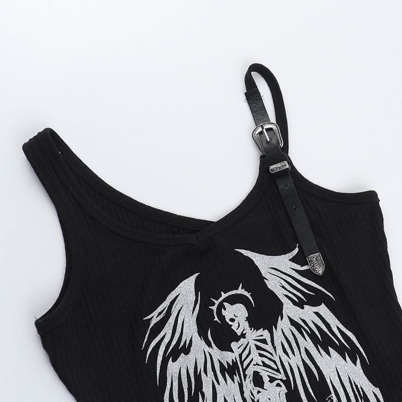 Buckle u neck skull pattern irregular top  | Festival Outfits Women