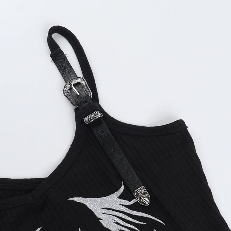 Buckle u neck skull pattern irregular top  | Festival Outfits Women