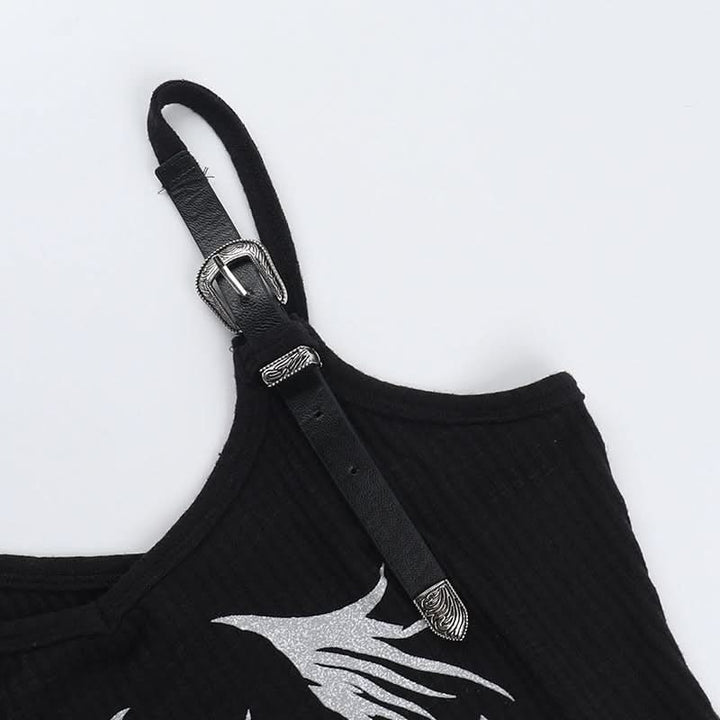 Buckle u neck skull pattern irregular top  | Festival Outfits Women