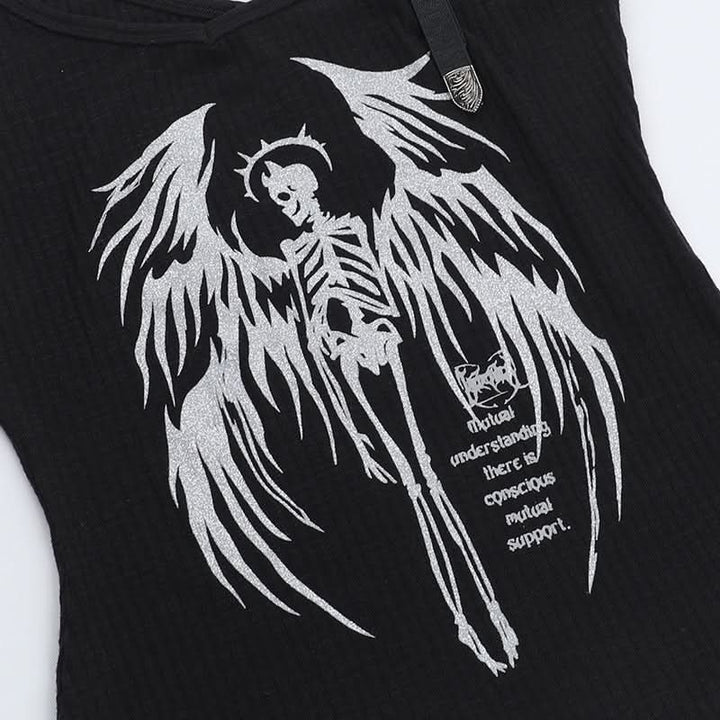 Buckle u neck skull pattern irregular top  | Festival Outfits Women