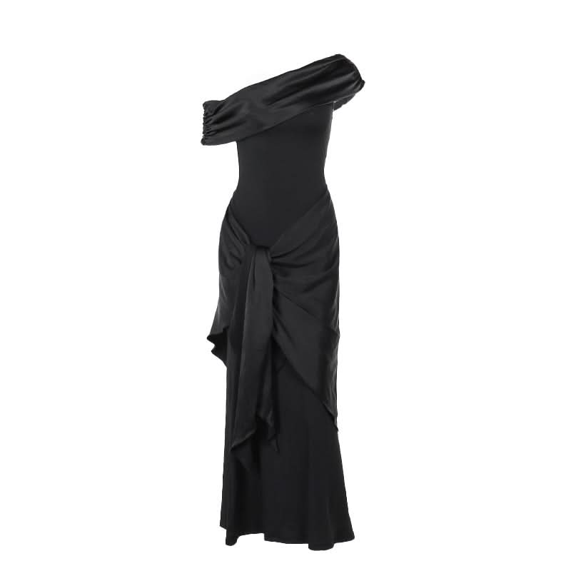 One shoulder ruched irregular satin maxi dress  | Festival Outfits Women
