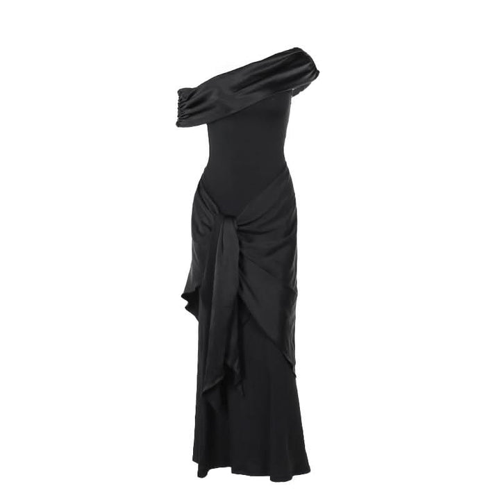 One shoulder ruched irregular satin maxi dress  | Festival Outfits Women