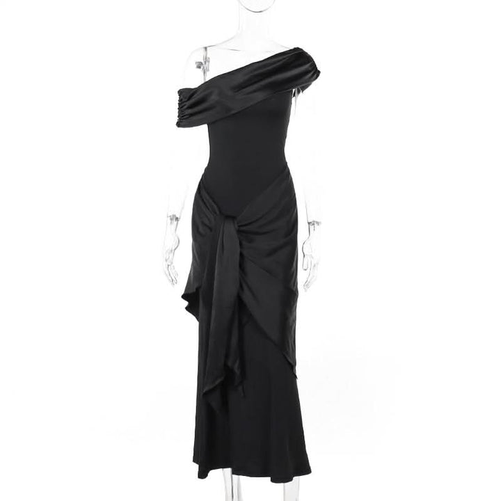 One shoulder ruched irregular satin maxi dress  | Festival Outfits Women