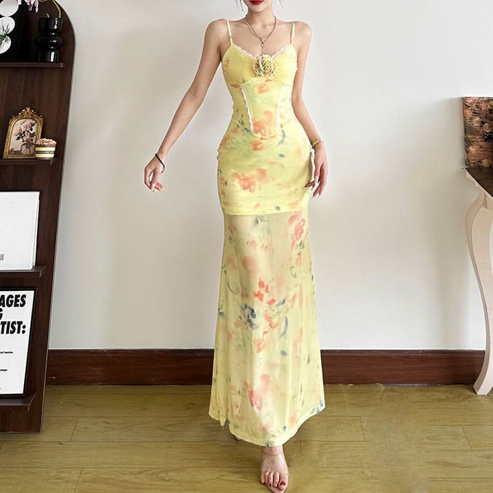 Flower applique contrast lace hem cami maxi dress  | Festival Outfits Women