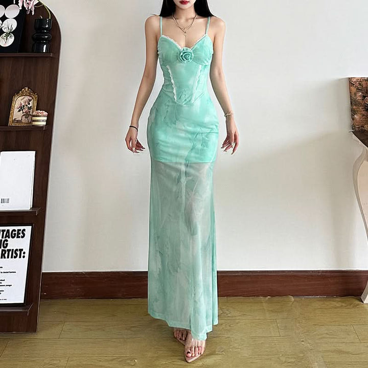 Flower applique contrast lace hem cami maxi dress  | Festival Outfits Women