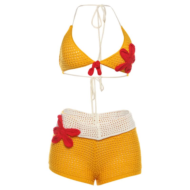 Halter flower applique backless short pant set  | Festival Outfits Women