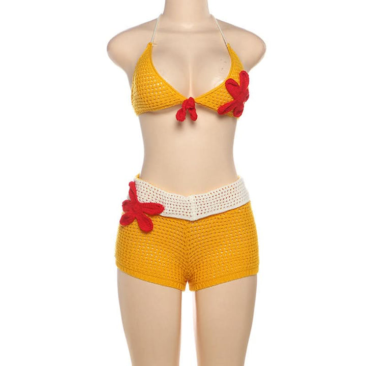 Halter flower applique backless short pant set  | Festival Outfits Women