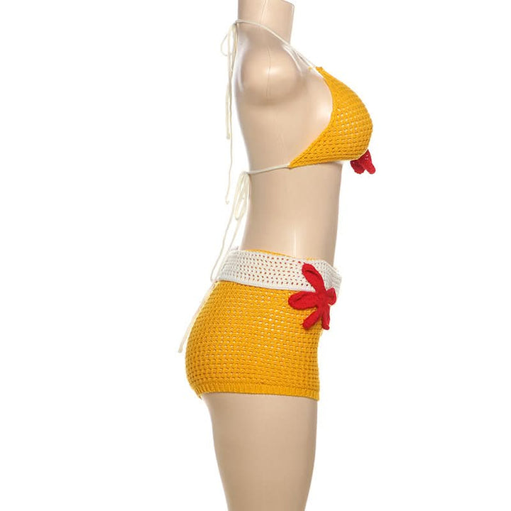 Halter flower applique backless short pant set  | Festival Outfits Women
