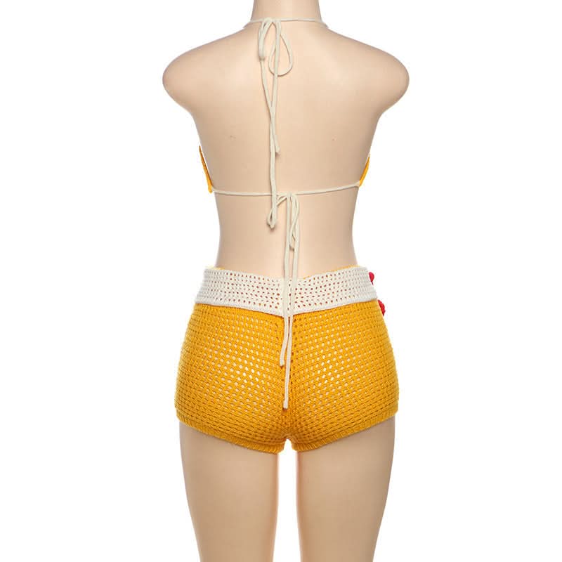 Halter flower applique backless short pant set  | Festival Outfits Women