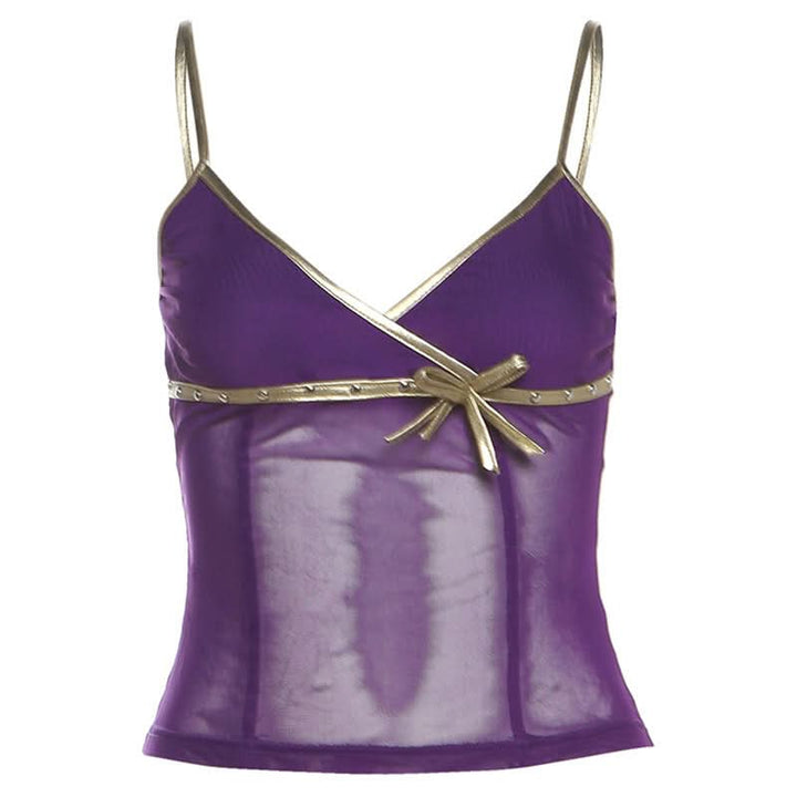 V neck mesh bowknot cami top  | Festival Outfits Women