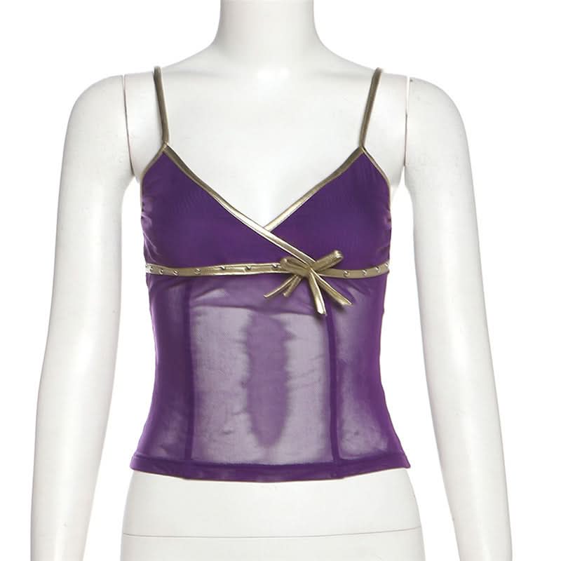 V neck mesh bowknot cami top  | Festival Outfits Women