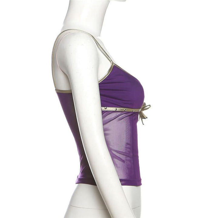 V neck mesh bowknot cami top  | Festival Outfits Women
