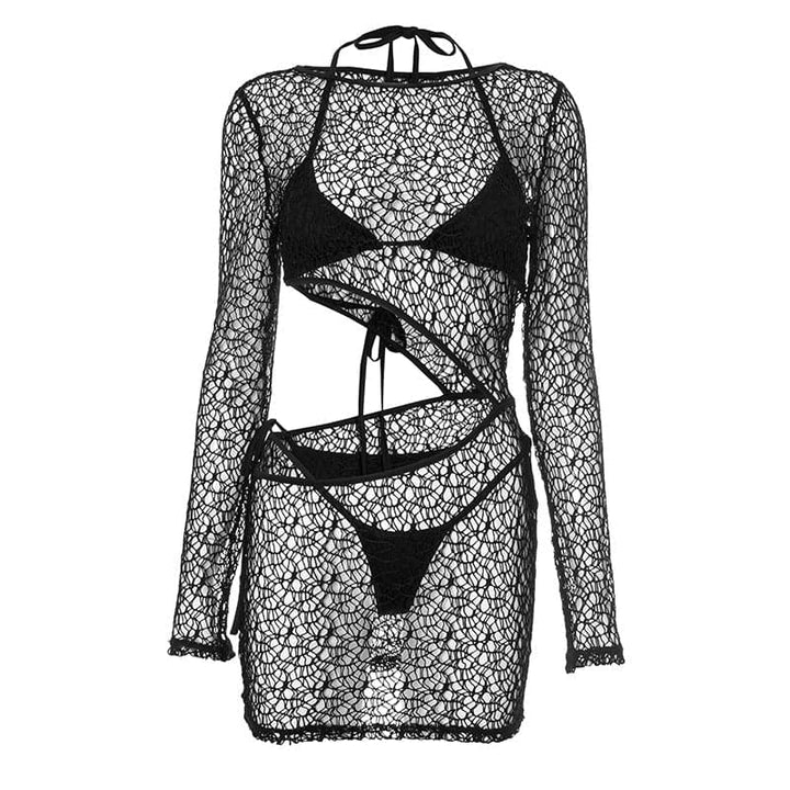 Long sleeve halter hollow out 3 piece cut out mini dress  | Festival Outfits Women-final-sale