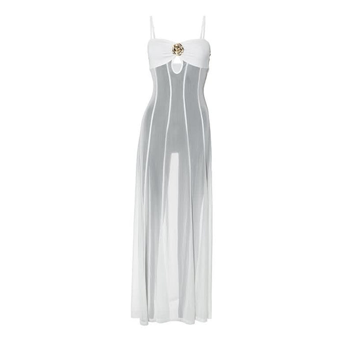 Mesh hollow out flower applique cami cut out maxi dress  | Festival Outfits Women