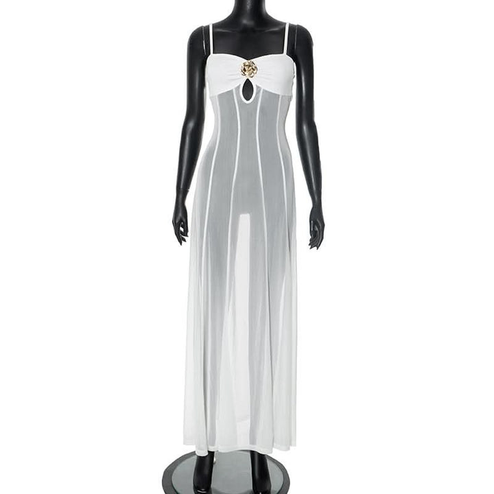 Mesh hollow out flower applique cami cut out maxi dress  | Festival Outfits Women