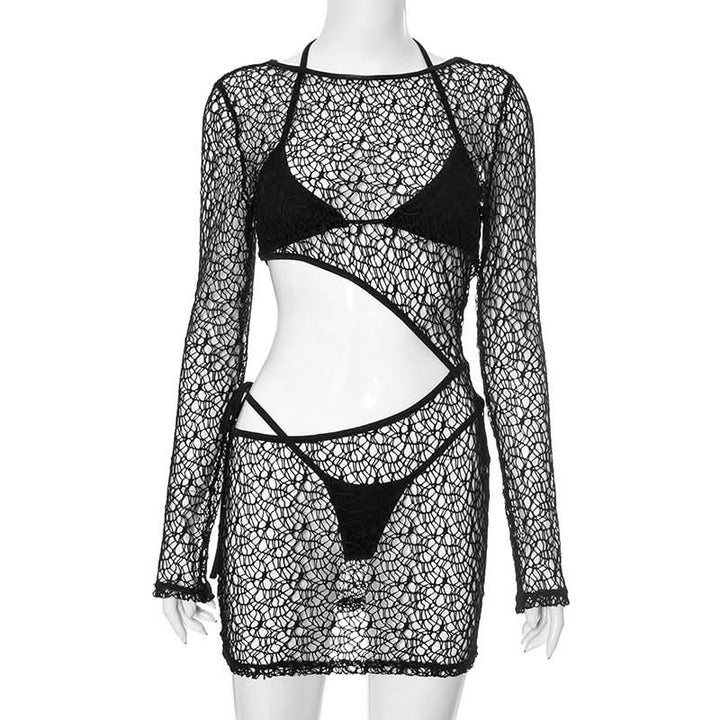 Long sleeve halter hollow out 3 piece cut out mini dress  | Festival Outfits Women-final-sale