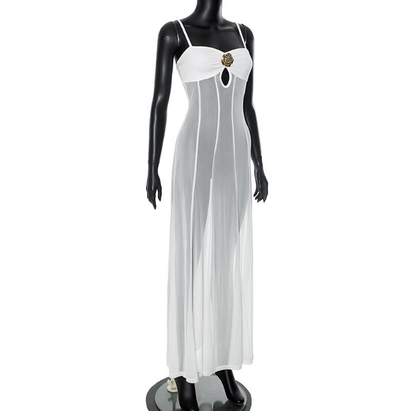 Mesh hollow out flower applique cami cut out maxi dress  | Festival Outfits Women