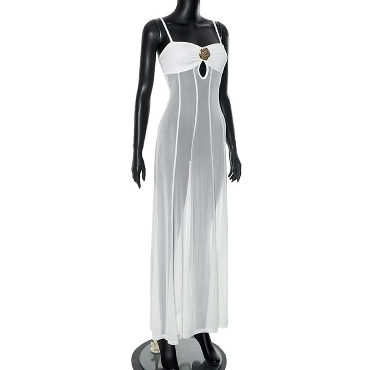 Mesh hollow out flower applique cami cut out maxi dress  | Festival Outfits Women