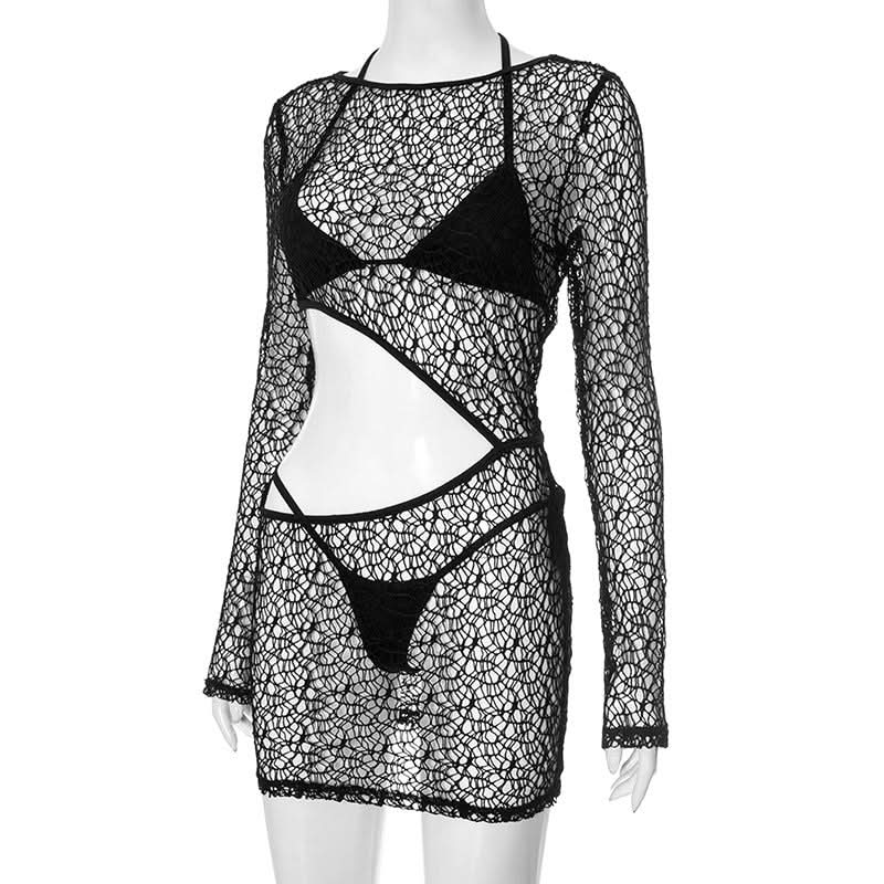 Long sleeve halter hollow out 3 piece cut out mini dress  | Festival Outfits Women-final-sale
