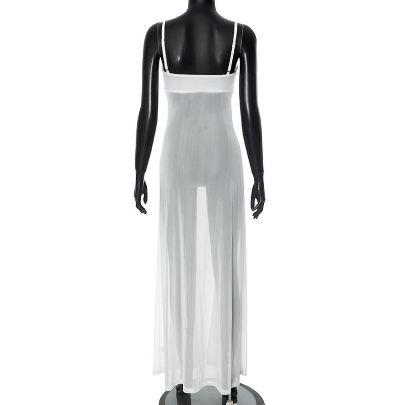 Mesh hollow out flower applique cami cut out maxi dress  | Festival Outfits Women