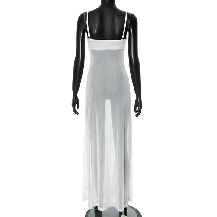 Mesh hollow out flower applique cami cut out maxi dress  | Festival Outfits Women