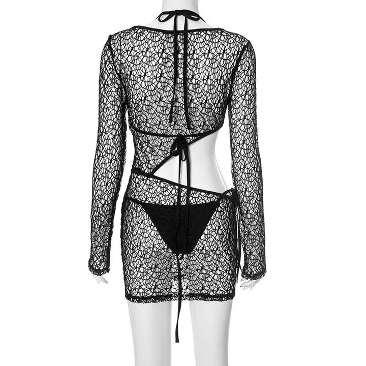 Long sleeve halter hollow out 3 piece cut out mini dress  | Festival Outfits Women-final-sale