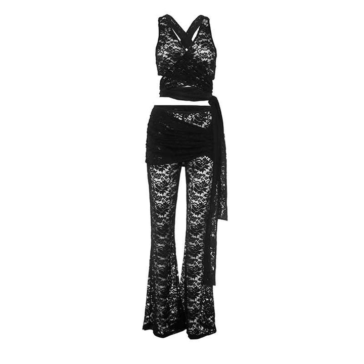 V neck lace knotted cross back pant set  | Festival Outfits Women