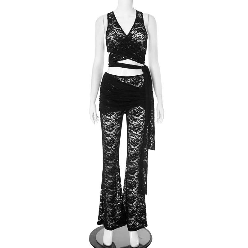 V neck lace knotted cross back pant set  | Festival Outfits Women