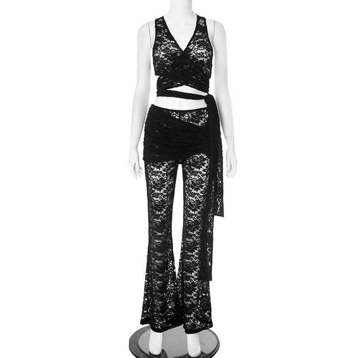 V neck lace knotted cross back pant set  | Festival Outfits Women