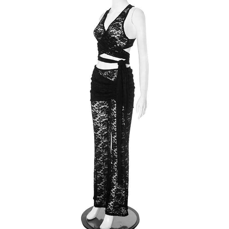 V neck lace knotted cross back pant set  | Festival Outfits Women