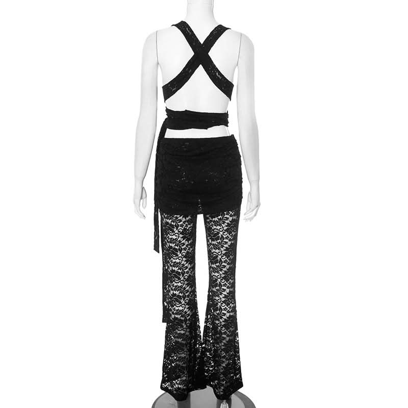 V neck lace knotted cross back pant set  | Festival Outfits Women