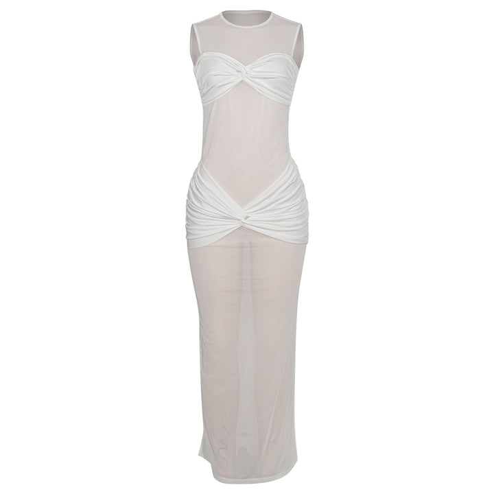 Crewneck sleeveless mesh patchwork ruched maxi dress  | Festival Outfits Women