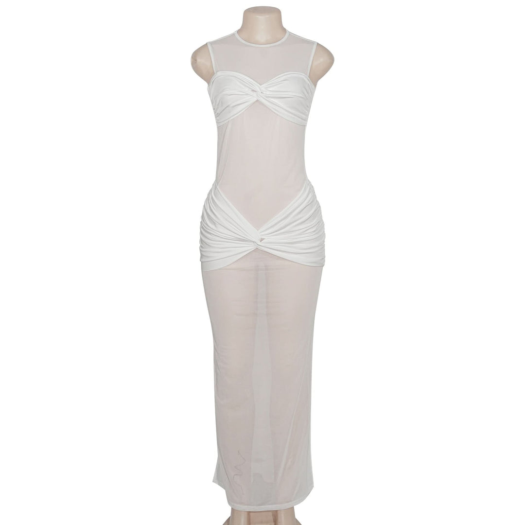 Crewneck sleeveless mesh patchwork ruched maxi dress  | Festival Outfits Women