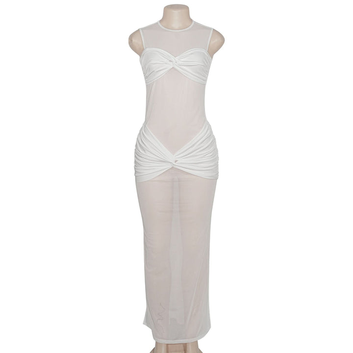 Crewneck sleeveless mesh patchwork ruched maxi dress  | Festival Outfits Women