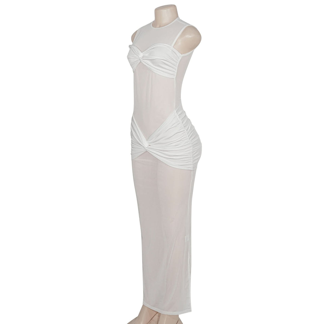 Crewneck sleeveless mesh patchwork ruched maxi dress  | Festival Outfits Women