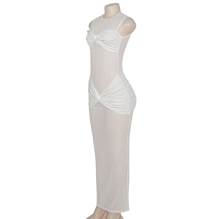 Crewneck sleeveless mesh patchwork ruched maxi dress  | Festival Outfits Women