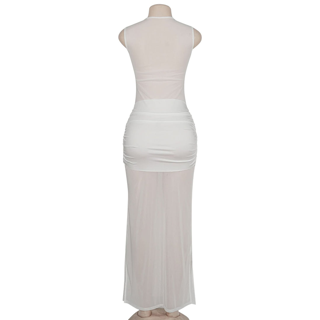 Crewneck sleeveless mesh patchwork ruched maxi dress  | Festival Outfits Women