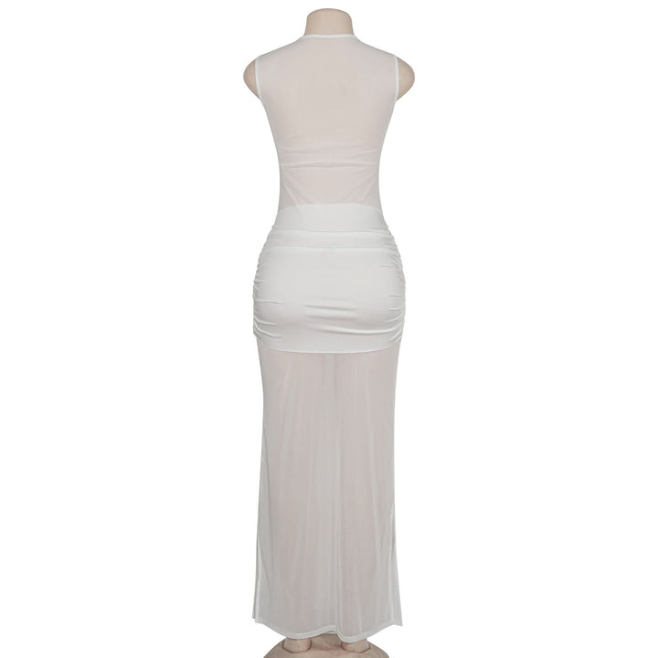 Crewneck sleeveless mesh patchwork ruched maxi dress  | Festival Outfits Women
