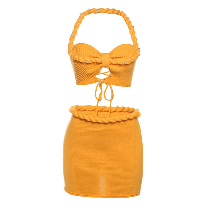 Halter knitted lace up beaded zip up mini skirt set  | Festival Outfits Women