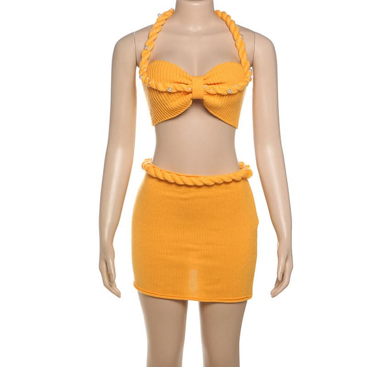 Halter knitted lace up beaded zip up mini skirt set  | Festival Outfits Women
