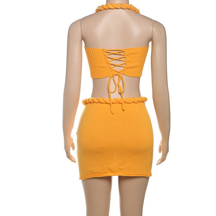 Halter knitted lace up beaded zip up mini skirt set  | Festival Outfits Women