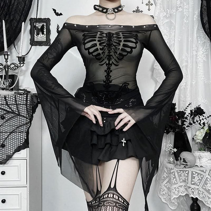 Long flared sleeve off shoulder mesh drawstring top  | Festival Outfits Women-final-sale