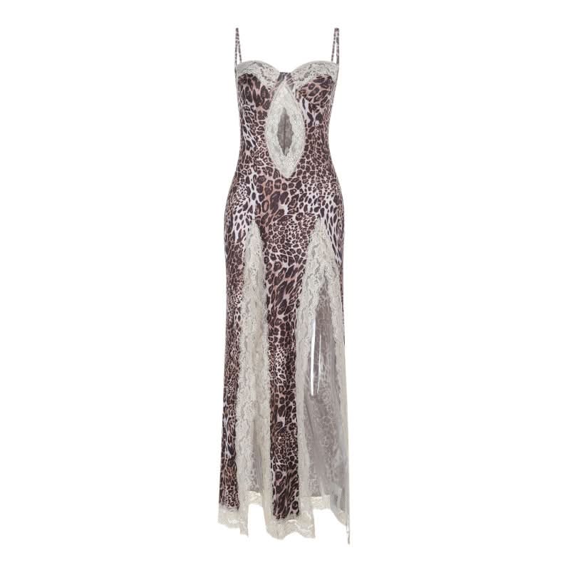 Leopard print lace hem hollow out high slit cami cut out maxi dress  | Festival Outfits Women
